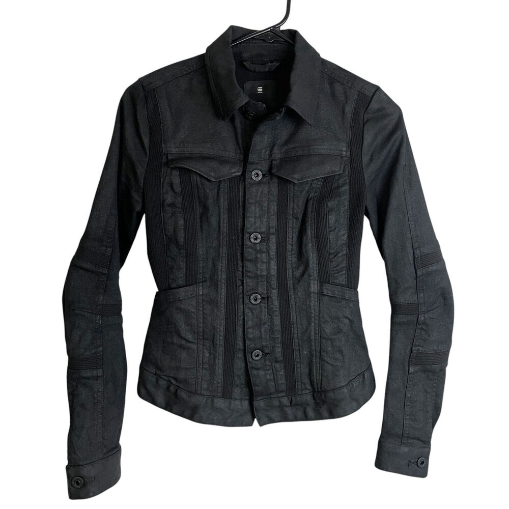G Star Raw Womens Jacket Small Black Motac Slim Denim Button Ribbed Waxed Bike